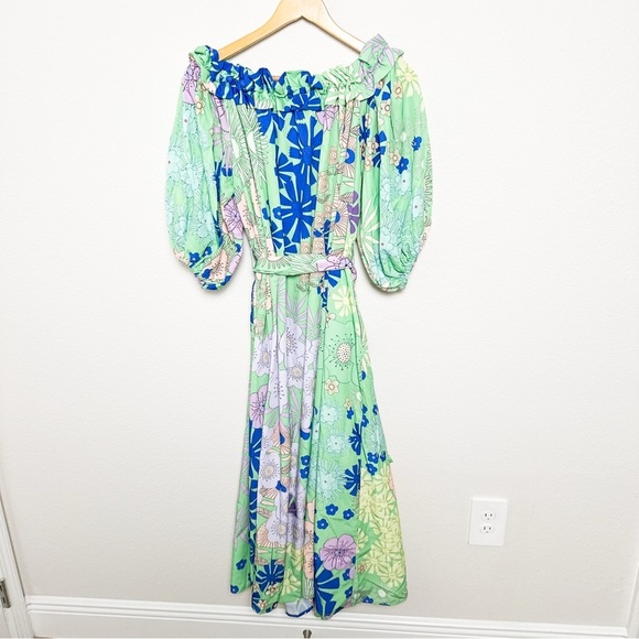 Anthropologie Floral Off-Shoulder Maxi Dress - Blue and Green - Picture 9 of 10